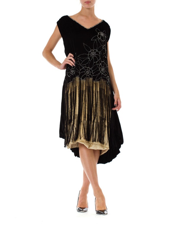 1920S Black & White Silk Velvet  Fringe Cocktail … - image 1