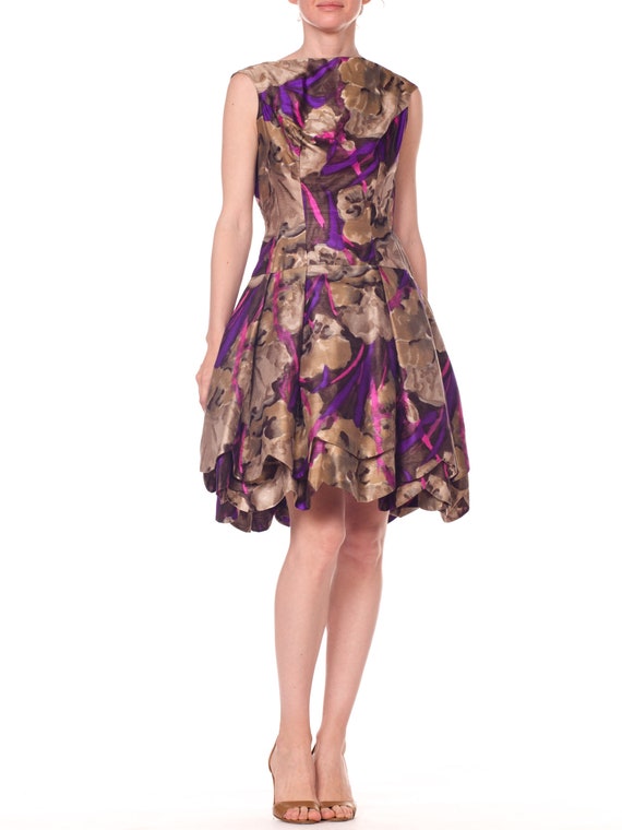 1950S Sepia & Purple Silk  Abstract Floral Dress W