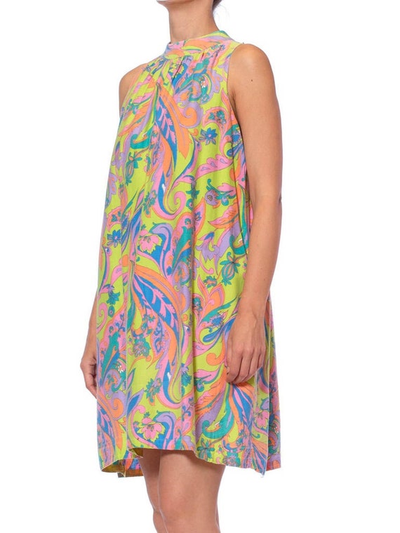 1960S Lime Green Psychedelic Cotton Mod Shift Dres