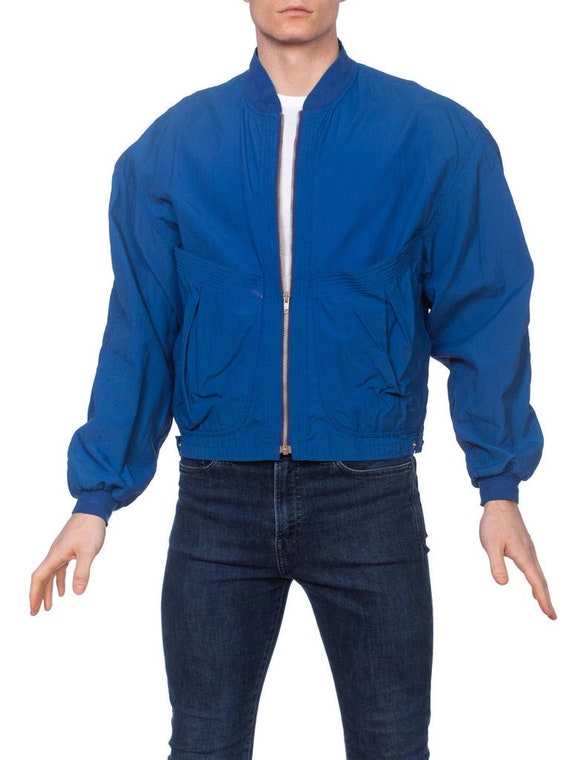 1980S Blue  Nylon Men's New Wave Sport Jacket Wit… - image 1