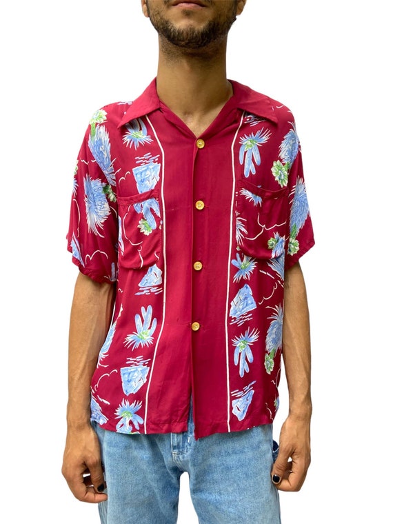 1940S Sandy Mac Donald Burgundy Floral Rayon Hawaiian Shirt 