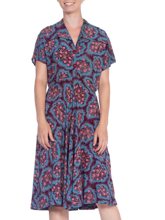 1940'S Purple & Blue Rayon Floral Printed Shirt Dr