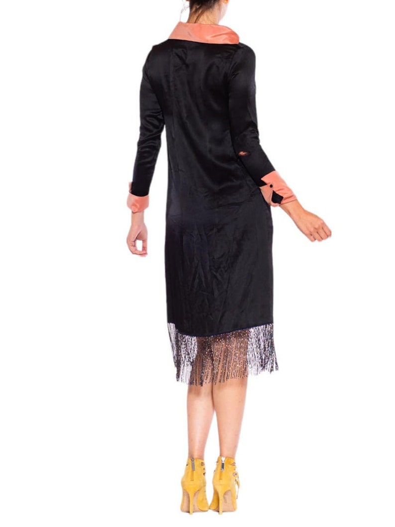 1920S Morphew Collection Black Pink Silk Faille Embroidered Dress With Beaded Fringe image 7