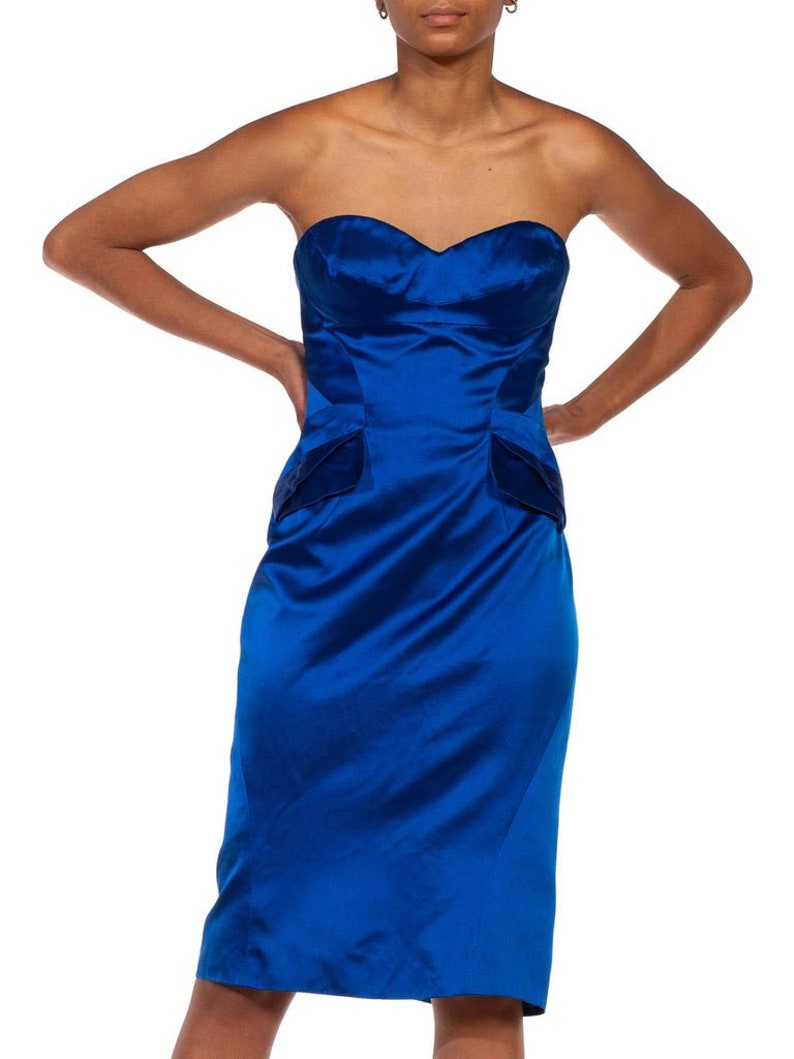 2000S Zac Posen Electric Blue Silk Duchess Satin Strapless Cocktail Dress image 5