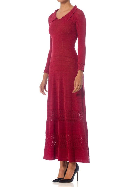 1930S Cranberry Red Rare Rayon Blend Knit Maxi Dr… - image 3