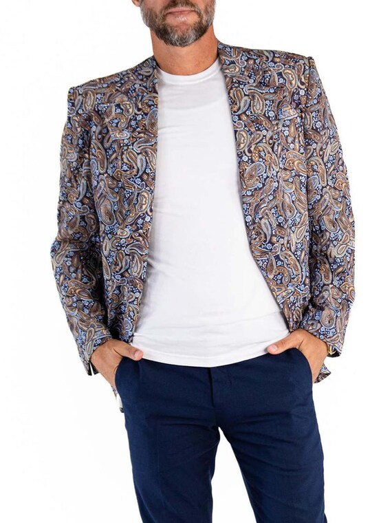 1970S Blue  Brown Polyester Paisley Print Blazer - image 5