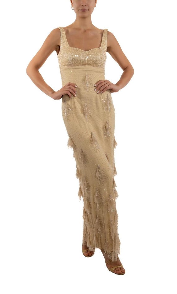 1990S Cream Beaded Silk Lace Empire Waist Tassel Gown 1990S Cream Beaded Silk Lace Empire Waist Tassel Gown