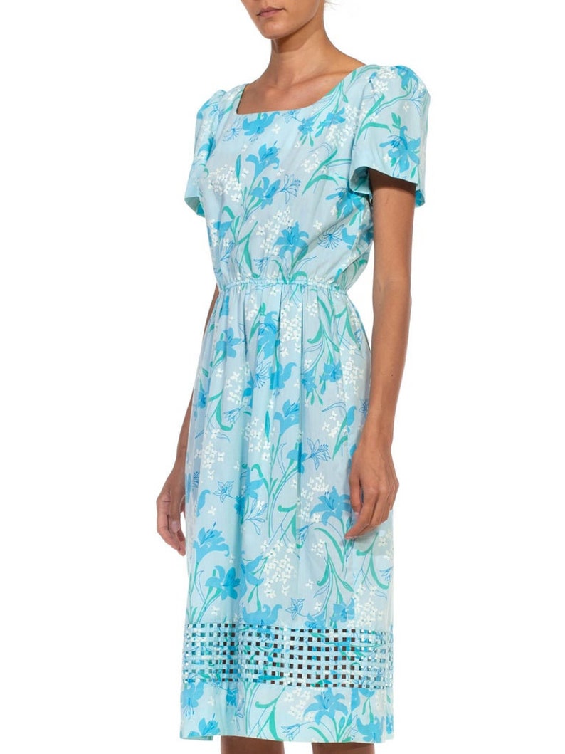 1980S Lilly Pulitzer Light Blue Floral Print Cotton Basket Weave Hem Dress With Elastic Waist image 6