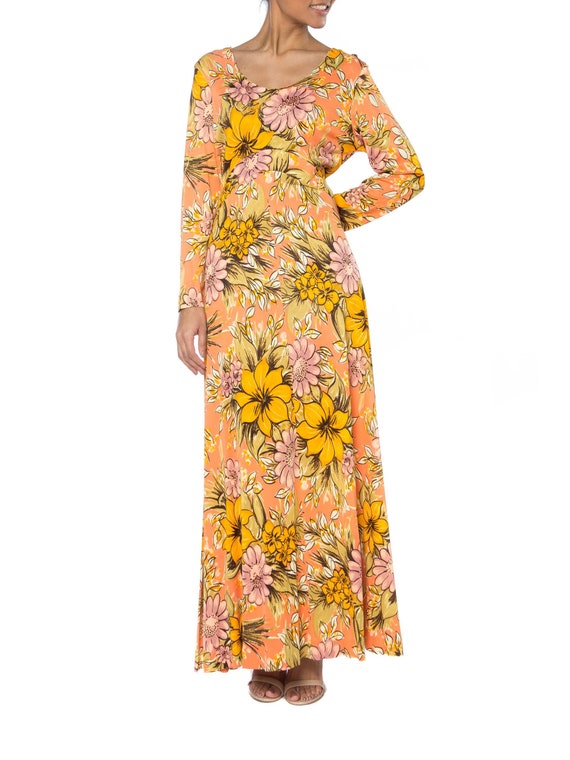 1960S AVALON Orange Polyester Long Floral Print Dress | Etsy