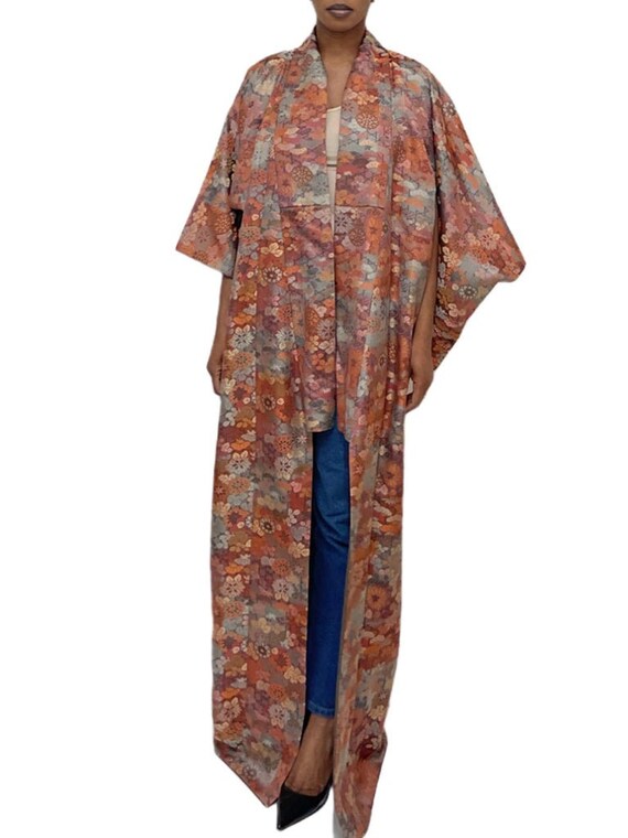 1950S Jewel-Tone Silk Jacquard Short Floral Kimono - image 7
