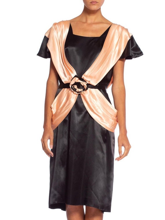 1980'S Black & Peach Acetate Satin Short Sleeve F… - image 1