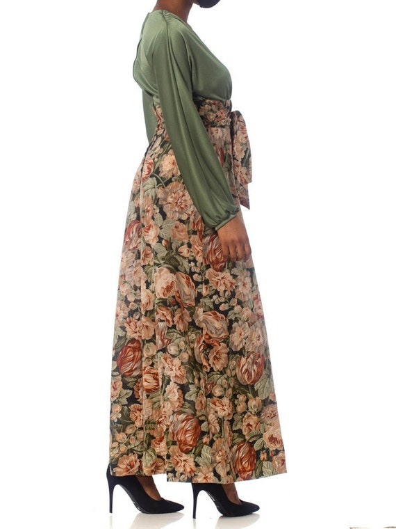 1970S Olive Green Floral Polyester Maxi Dress Wit… - image 7