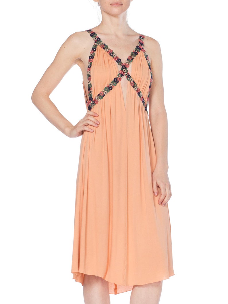 MORPHEW COLLECTION Peach Silk Jersey Dress With Cutout Front & 1930S Floral Trim image 6