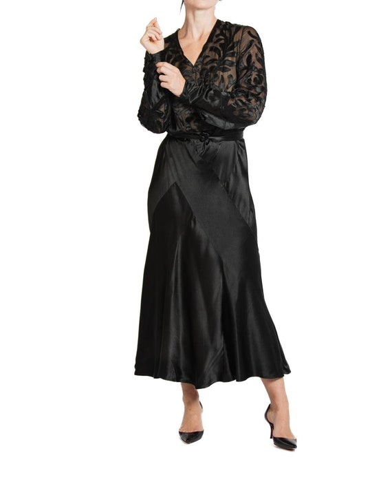 1930S Black Silk Satin Bias Cut Long Sleeve Gown - image 8