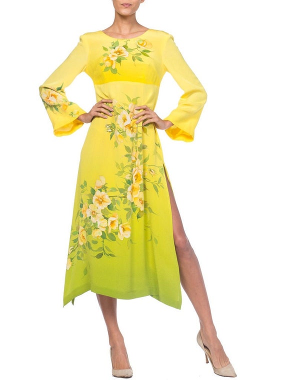 1970S  Yellow Ombré Dress Made From Hand Painted … - image 1