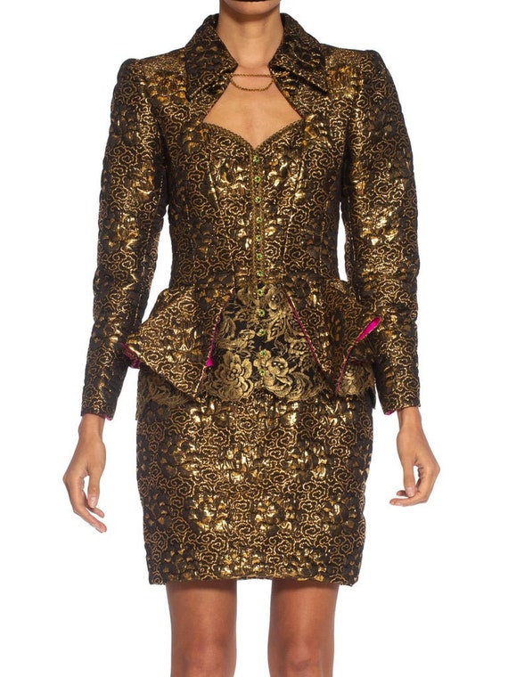 Fall 1988 Emanual Ungaro Strapelss Gold Metallic Black & Gold Ruffled Hem Dress