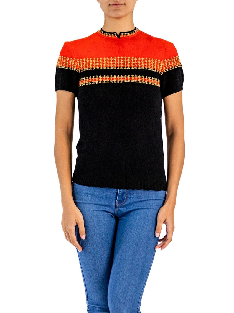 1940S Black Red Rayon Hand Knit Top With Metallic Gold Details image 1