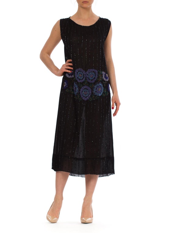 1920S Black Silk Chiffon Flapper Dress With Blue &