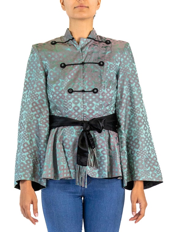 1940S Mixed Blues Silk Jacquard Asian Jacket With 