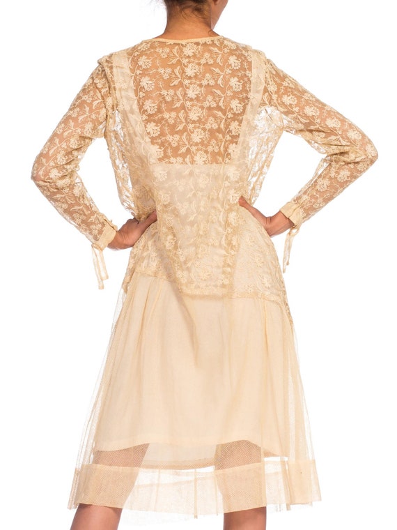 1920S  Beige Cotton Embroidered Tulle & Lace Flap… - image 8