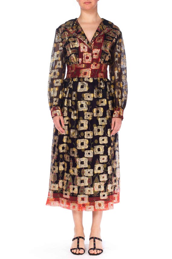 1970S Black & Red Poly/Lurex Jacquard Long Sleeve… - image 1