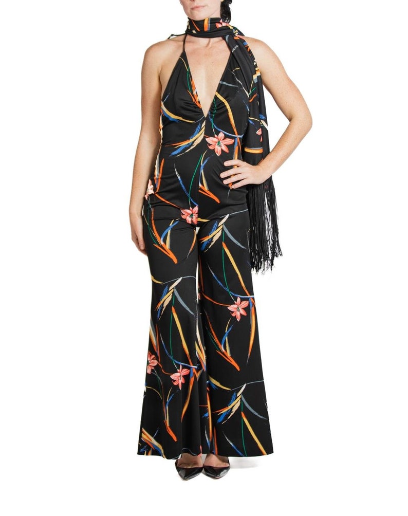 1970S Black & Tropical Rayon Jumpsuit With Matching Shawl image 6