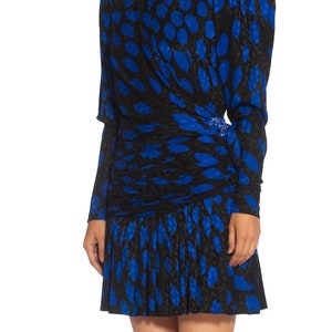 1980S Givenchy Black Blue Haute Couture Silk Jacquard Draped Cocktail Dress With Sleeves image 5