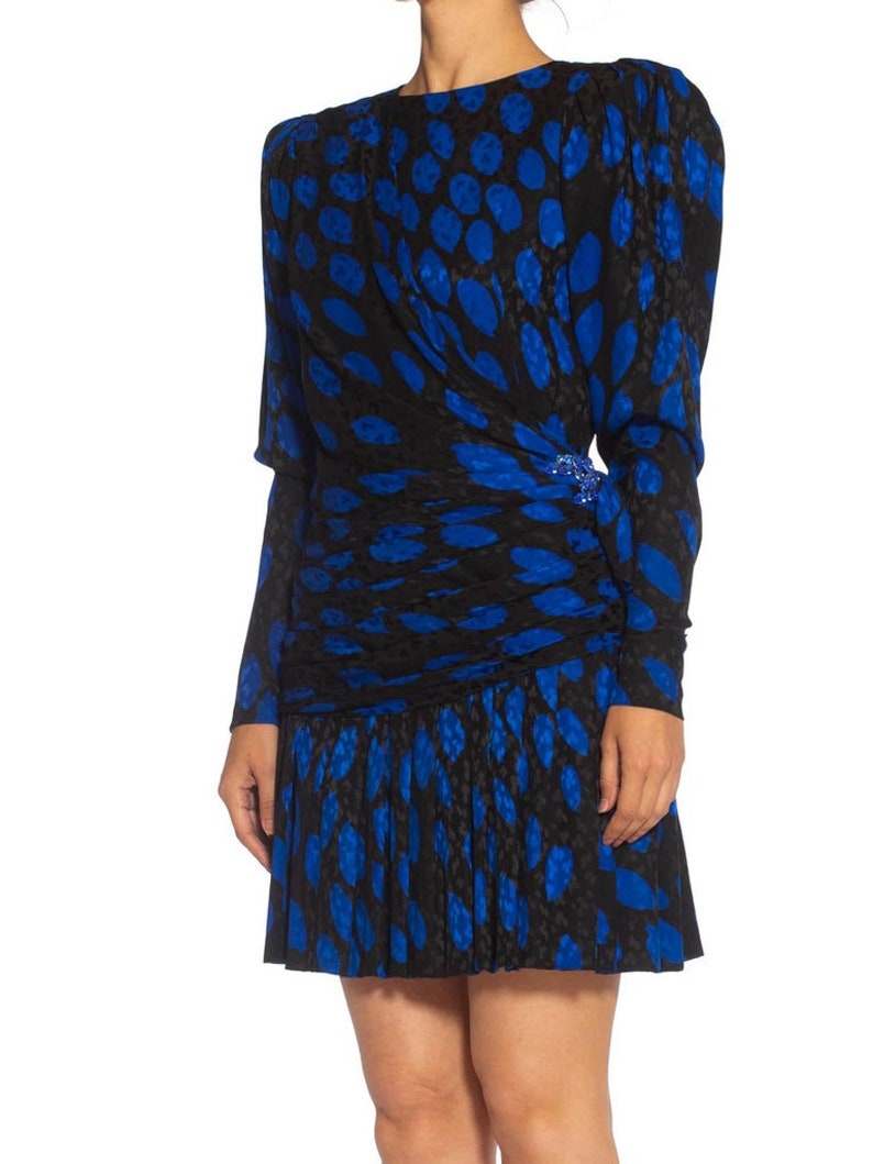 1980S Givenchy Black Blue Haute Couture Silk Jacquard Draped Cocktail Dress With Sleeves image 5