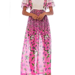 1960S Pink Floral Cotton Lawn Maxi Dress With Cape Sleeves & Lace Trim image 2