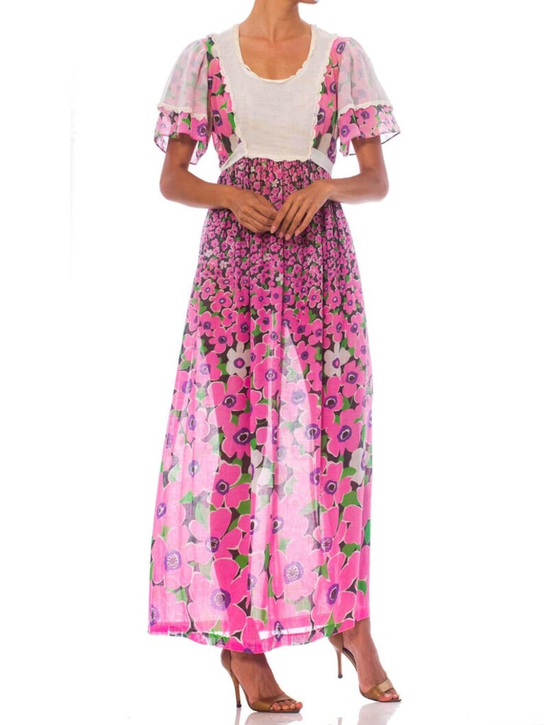 1960S Pink Floral Cotton Lawn Maxi Dress With Cape Sleeves & Lace Trim image 2