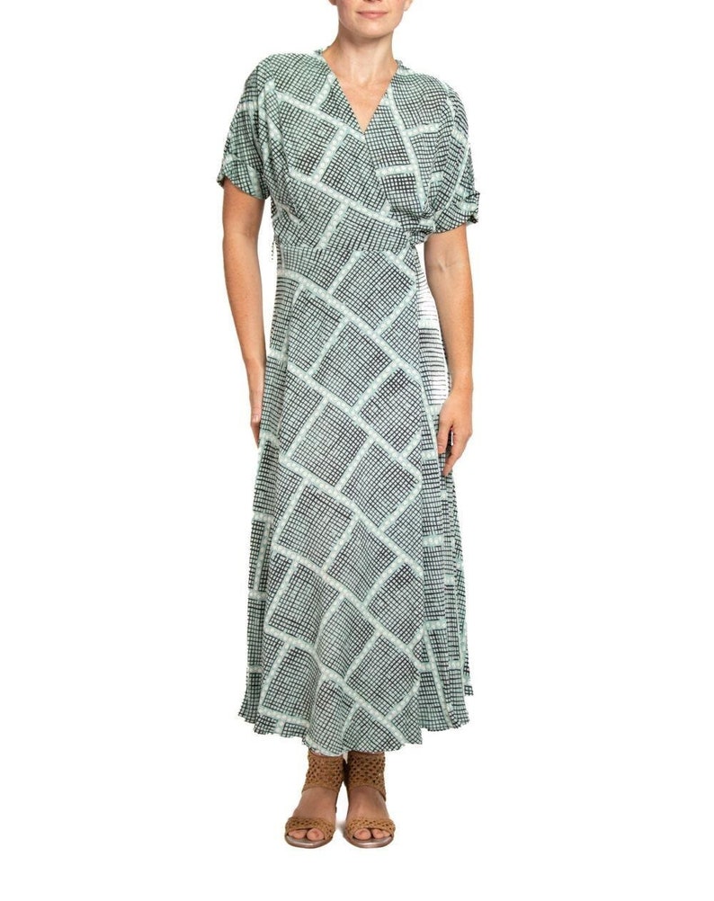1940S Light Blue & Black Cold Rayon Geometric Print Wrap Dress image 1