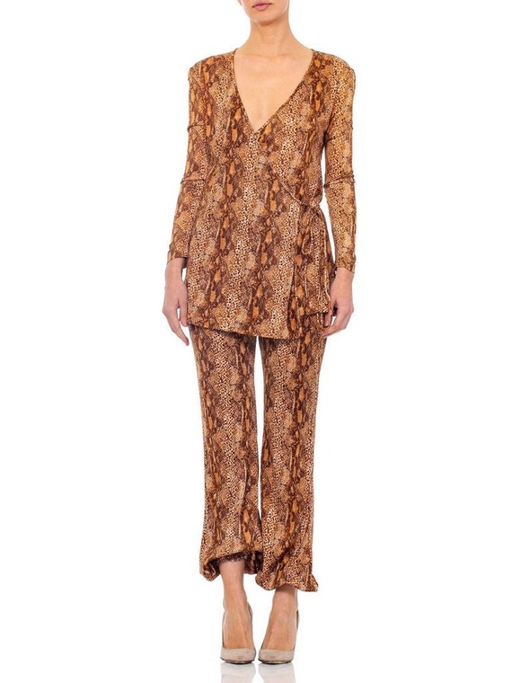 1970S Brown Snake Print Polyester Jersey Wrap Top