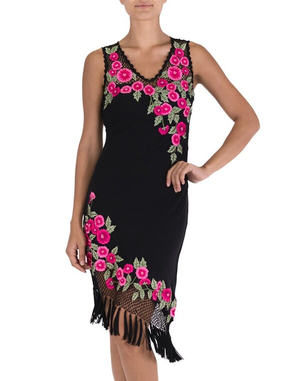 1990S Black Dress With Pink Embroidered Flower De… - image 6