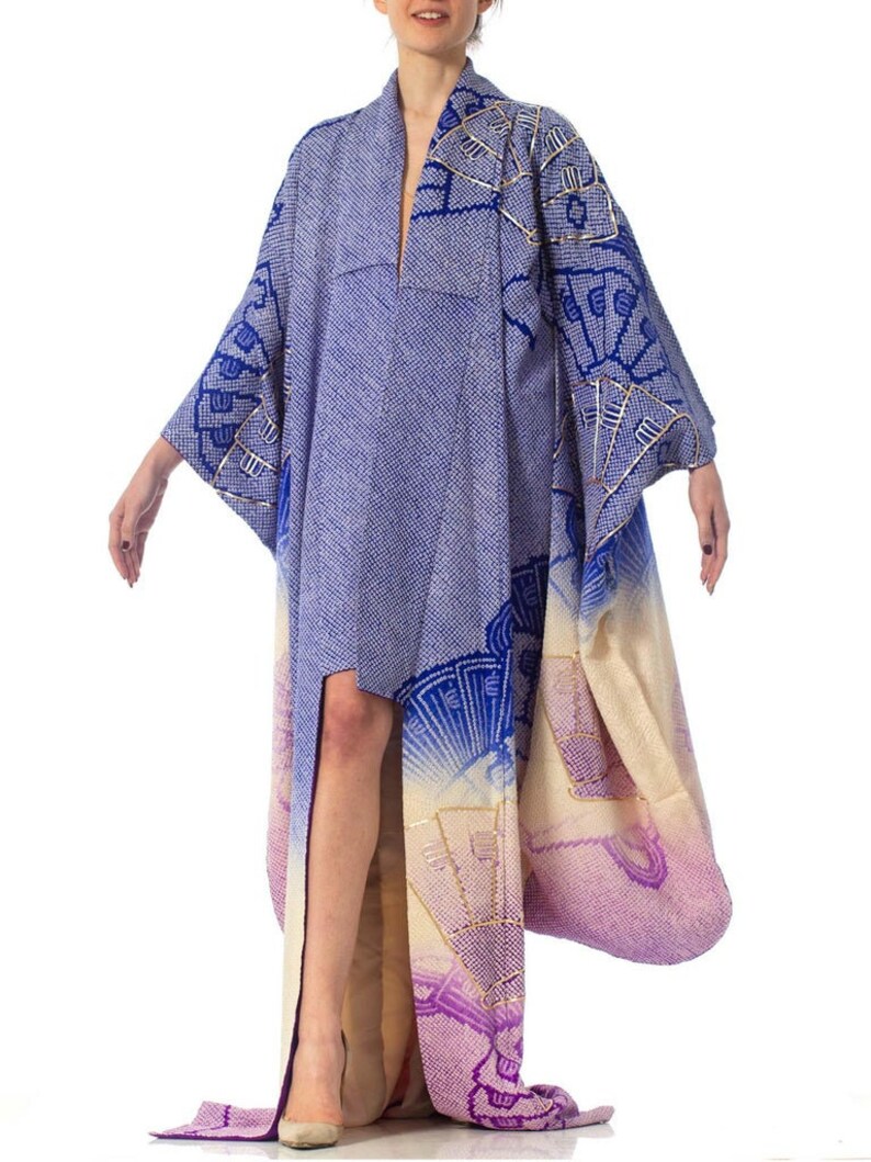 1970'S Japanese Shibori Hand Dyed Ombre Blue To Purple Silk Gold Embroidered Kimono image 2