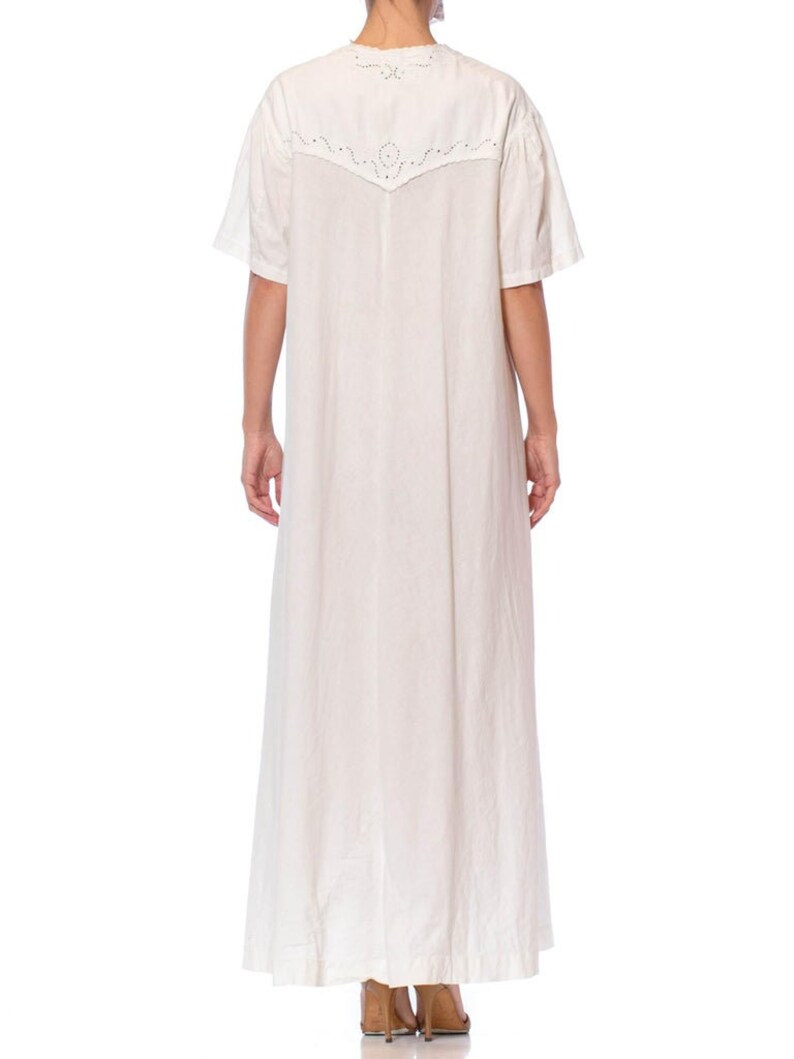 Victorian Off White Hand Embroidered Organic Linen Short Sleeve Nightgown Duster Dress image 5