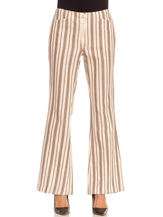 1970S White  Beige Polyester Geometric Stripe Pant