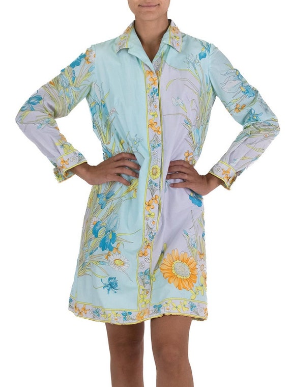 1970S Aqua Blue Shirt Dress With Flower Print - image 5