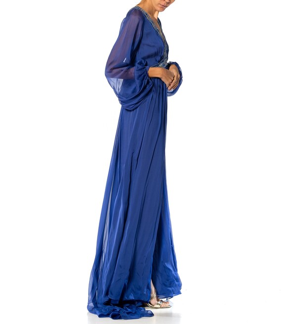 pucci blue dress 2000S EMILIO PUCCI Cobalt Blue Silk Chiffon Sleeved Gown With Beaded Print  Details