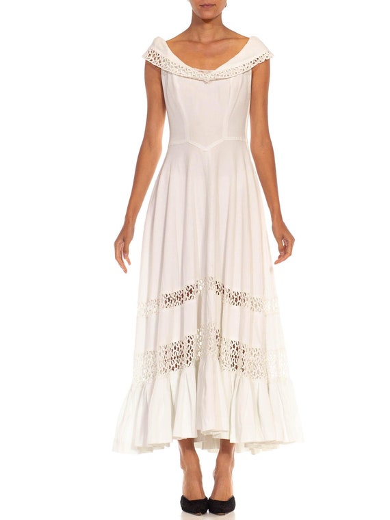 1940S White Cotton Piqué Off Shoulder Dress