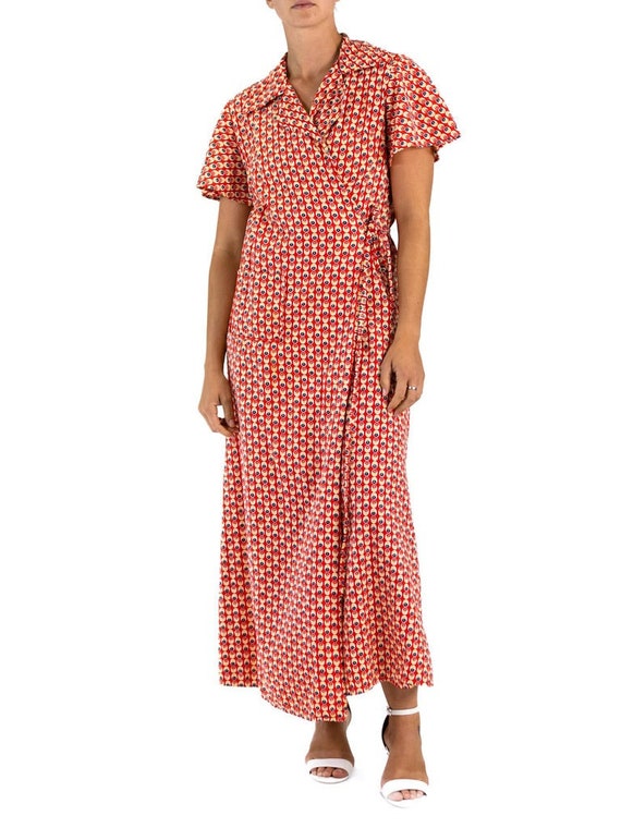 1940S Red Cotton Yellow Dot Print Wrap House Dress - image 4