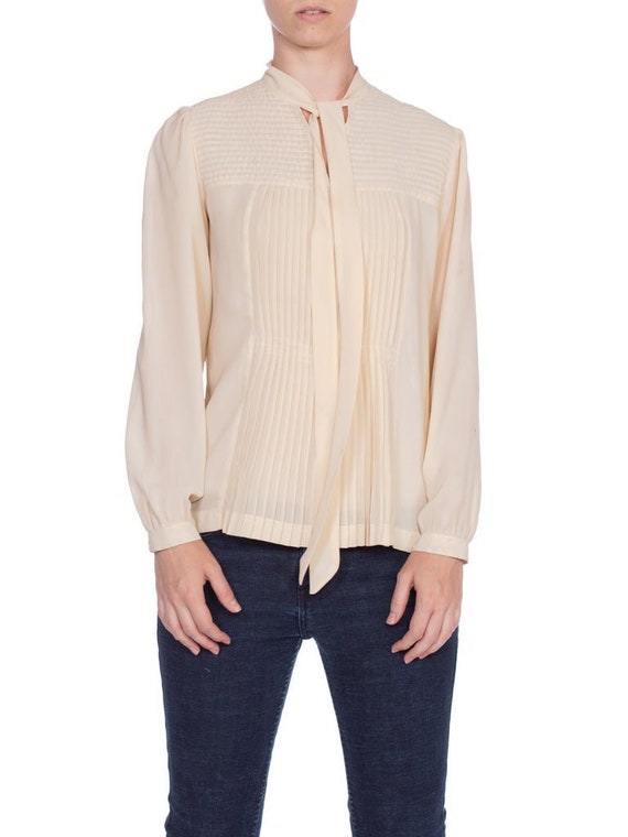 1980S Polyester Pleated Bow Neck Blouse Top