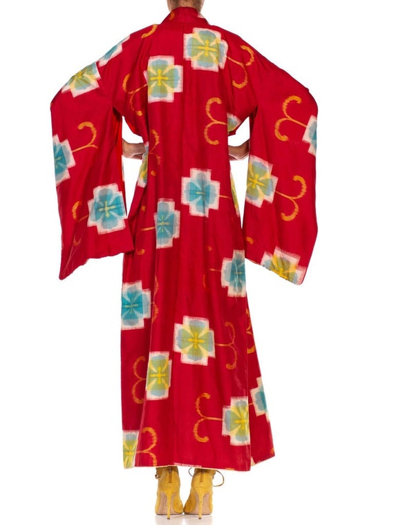 1940S Red Hand Woven Silk Ikat Kimono - image 6