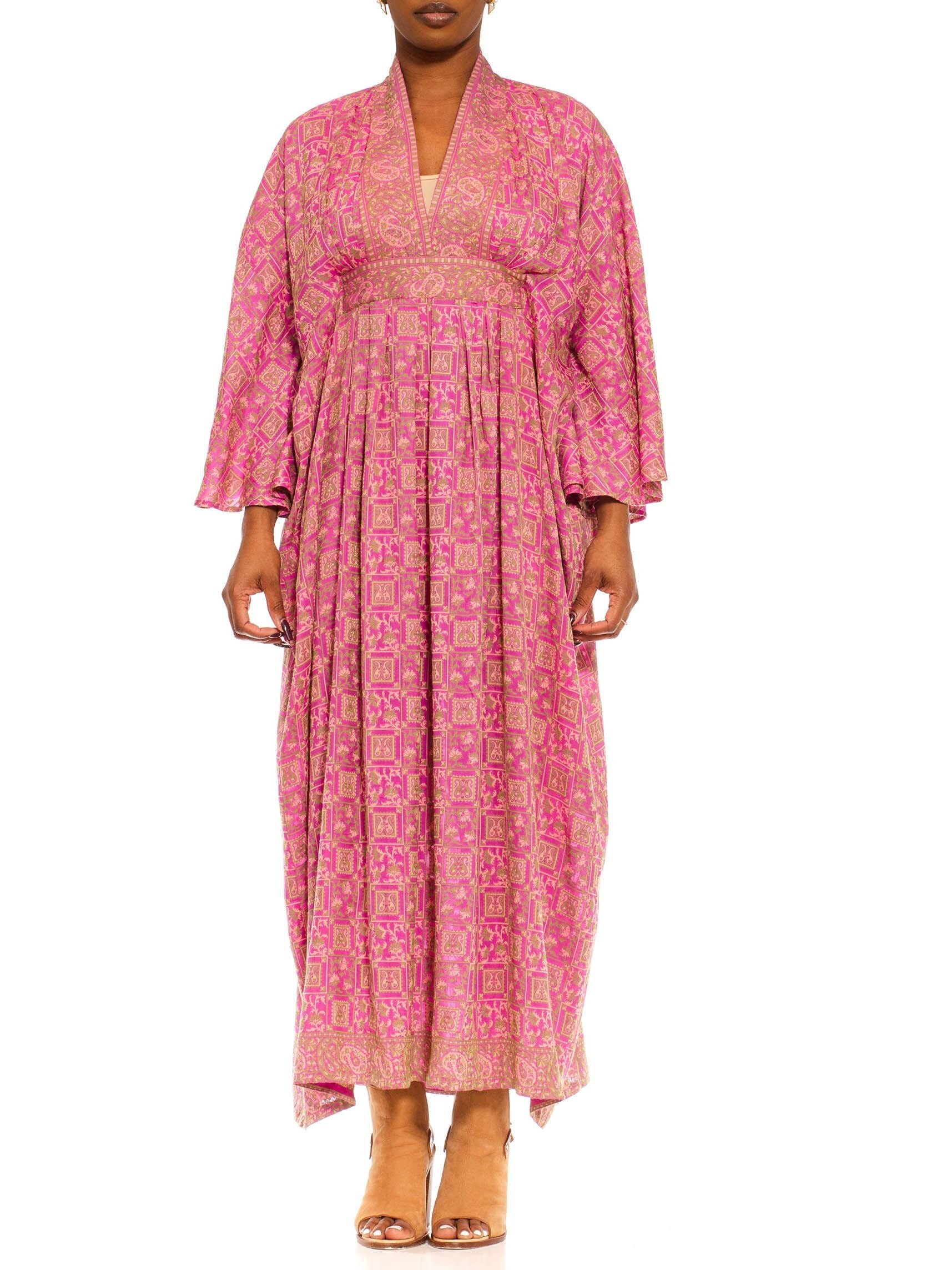 Morphew Collection Purple Green Silk Geometric Paisley Kaftan Made From Vintage Saris