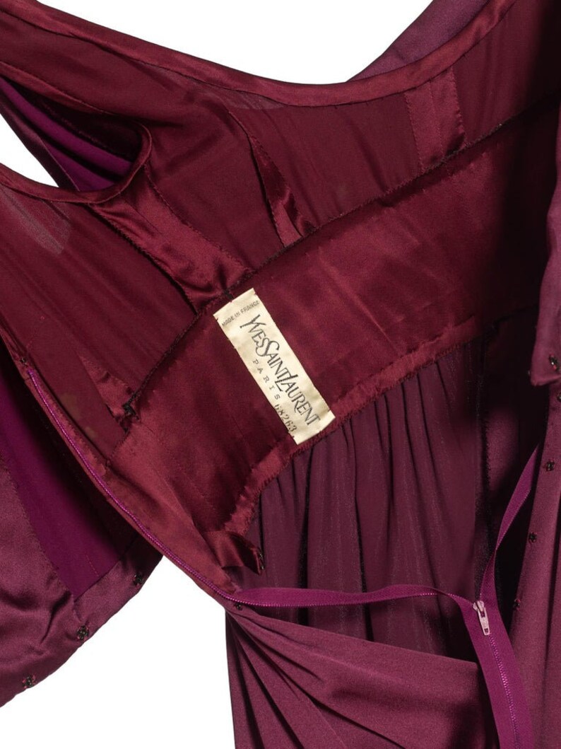 1980S Yves Saint Laurent Merlot Haute Couture Silk Satin Draped Gown With Sash Belt image 7