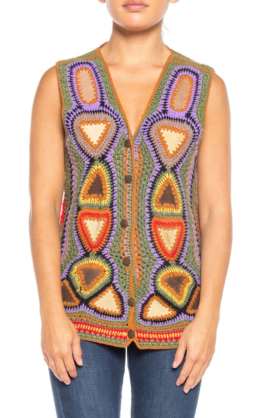 1970S Multicolor Acrylic Crochet & Suede Boho Vest