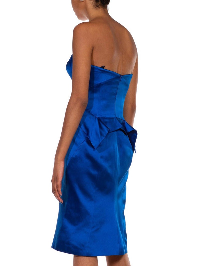 2000S Zac Posen Electric Blue Silk Duchess Satin Strapless Cocktail Dress image 7