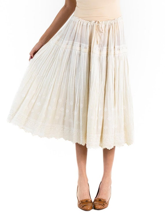 1990S White Cotton Drawstring Embroidered Skirt - image 4