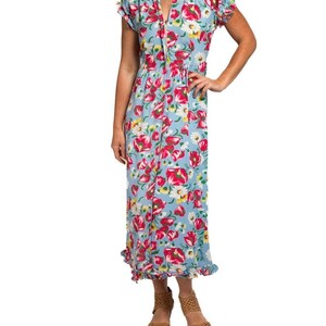 1940S Aqua Blue & Pink Cold Rayon Floral Zip-Front Dress image 4