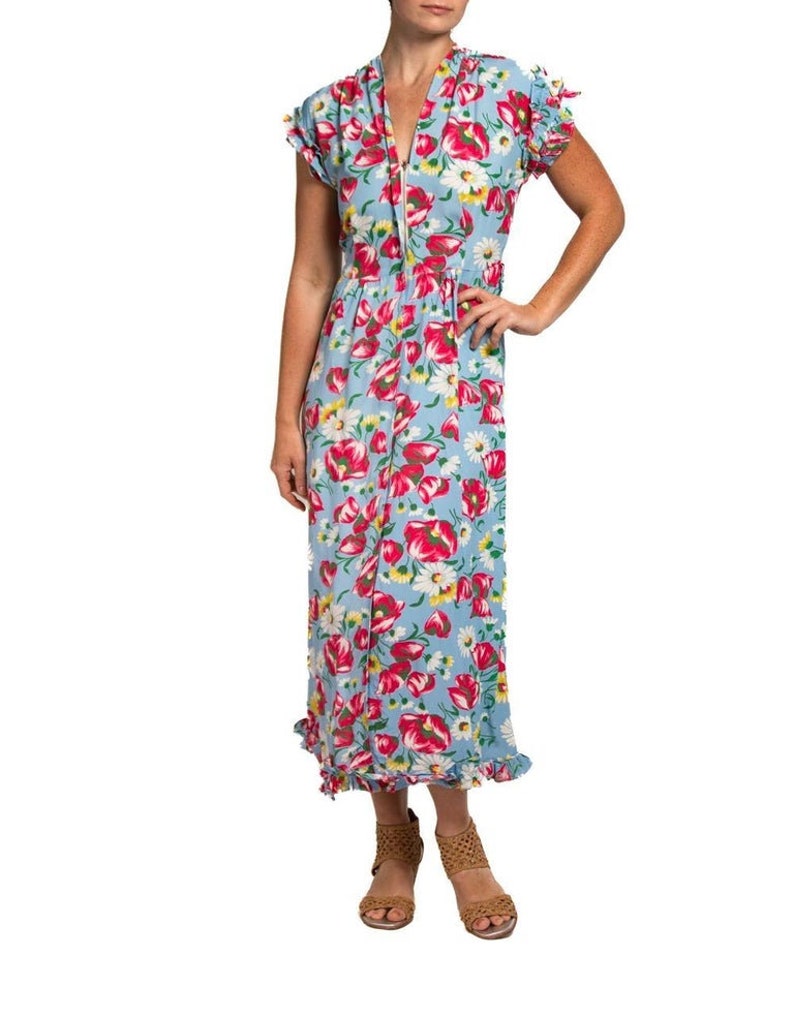 1940S Aqua Blue & Pink Cold Rayon Floral Zip-Front Dress image 4