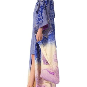 1970'S Japanese Shibori Hand Dyed Ombre Blue To Purple Silk Gold Embroidered Kimono image 8